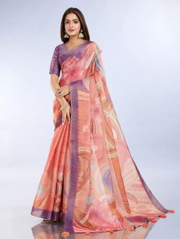 Odette - Women Peach Printed Cotton Blend Saree with Unstitched Blouse