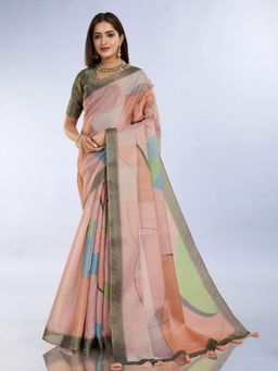Odette - Women Peach Printed Cotton Blend Saree with Unstitched Blouse