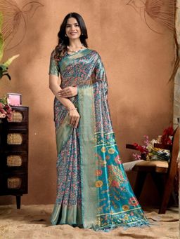 Odette - Women Blue Woven Cotton Blend Saree with Unstitched Blouse
