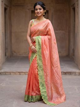 Sareemall - Women Orange Solid/Plain Cotton Blend Saree with Unstitched Blouse