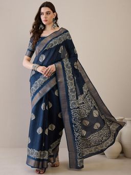 Sareemall - Women Navy Blue Printed Silk Blend Saree with Unstitched Blouse