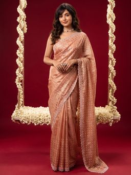 Sareemall - Women Peach Embellished/Sequined Tissue Saree with Unstitched Blouse