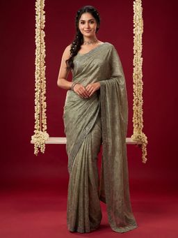 Sareemall - Women Olive Embellished/Sequined Tissue Saree with Unstitched Blouse