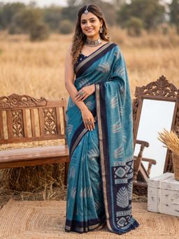 Sareemall - Women Blue Woven Tussar Silk Saree with Unstitched Blouse