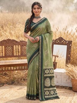 Sareemall - Women Green Woven Tussar Silk Saree with Unstitched Blouse