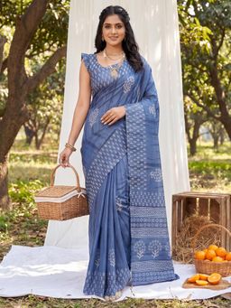 Sareemall - Women Blue Printed Cotton Blend Saree with Unstitched Blouse