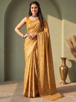 Sareemall - Women Mustard Printed Silk Saree with Unstitched Blouse