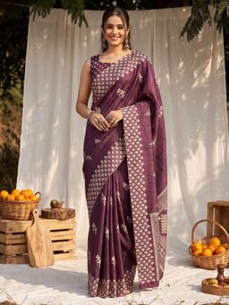 Sareemall - Women Wine Printed Cotton Blend Saree with Unstitched Blouse