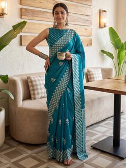 Sareemall - Women Teal Printed Cotton Blend Saree with Unstitched Blouse