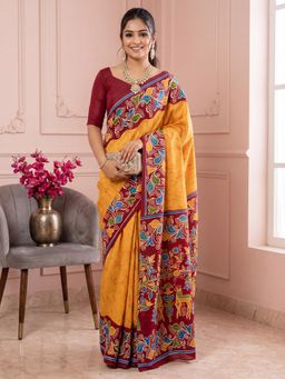 Sareemall - Women Yellow Printed Cotton Blend Saree with Unstitched Blouse