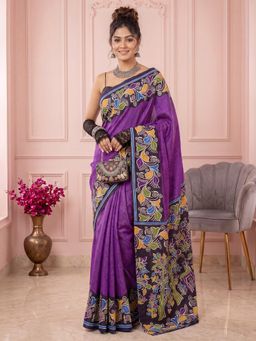 Sareemall - Women Purple Printed Cotton Blend Saree with Unstitched Blouse