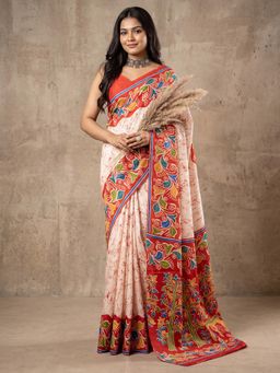 Sareemall - Women Off White Printed Cotton Blend Saree with Unstitched Blouse