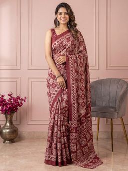 Sareemall - Women Maroon Printed Cotton Blend Saree with Unstitched Blouse