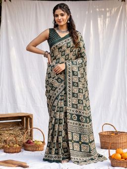 Sareemall - Women Green Printed Cotton Blend Saree with Unstitched Blouse
