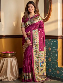 Sareemall - Women Wine Woven Silk Blend Saree with Unstitched Blouse