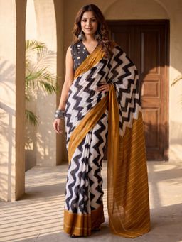 Sareemall - Women White Stripes Cotton Blend Saree with Unstitched Blouse