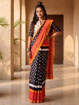 Sareemall - Women Black Printed Cotton Blend Saree with Unstitched Blouse