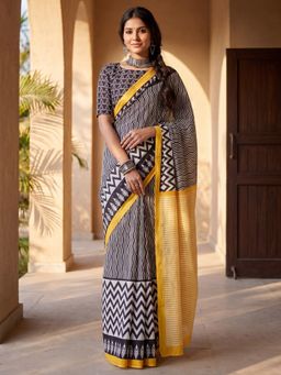 Sareemall - Women Black Stripes Cotton Blend Saree with Unstitched Blouse