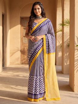 Sareemall - Women Blue Stripes Cotton Blend Saree with Unstitched Blouse
