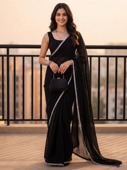 Sareemall - Women Black Solid/Plain Georgette Saree with Unstitched Blouse