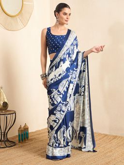 Sareemall - Women Blue Printed Crepe Saree with Unstitched Blouse