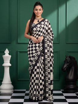 Sareemall - Women White Checks Crepe Saree with Unstitched Blouse