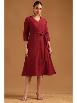 Soch - Women Maroon Solid/Plain Cotton Blend Dress with Belt