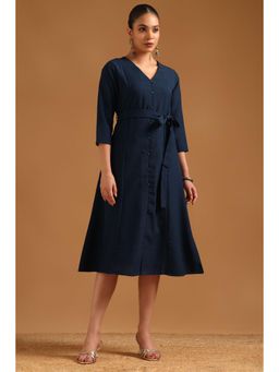 Soch - Women Navy Blue Solid/Plain Cotton Blend Dress with Belt
