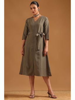 Soch - Women Grey Solid/Plain Cotton Blend Dress with Belt