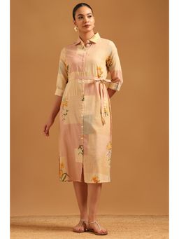 Soch - Women Beige Floral Pure Cotton Dress with Belt