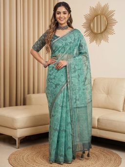 Sareemall - Women Turquoise Printed Cotton Linen Saree with Unstitched Blouse