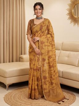 Sareemall - Women Brown Printed Cotton Linen Saree with Unstitched Blouse