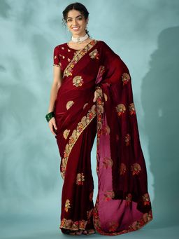 Sareemall - Women Maroon Embroidered Satin Saree with Unstitched Blouse