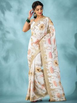 Sareemall - Women Off White Floral Tissue Saree with Unstitched Blouse