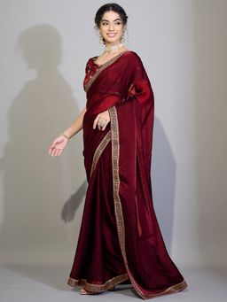 Sareemall - Women Maroon Solid/Plain Satin Saree with Unstitched Blouse