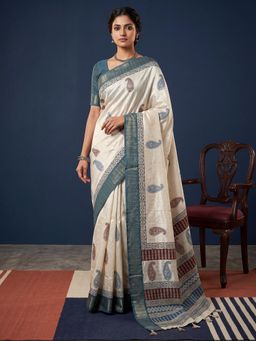 Sareemall - Women Teal Printed Cotton Silk Saree with Unstitched Blouse