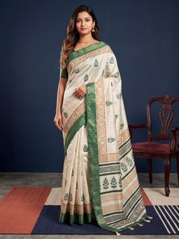 Sareemall - Women Green Printed Cotton Silk Saree with Unstitched Blouse