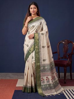 Sareemall - Women Green Printed Cotton Silk Saree with Unstitched Blouse