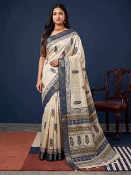 Sareemall - Women Teal Printed Cotton Silk Saree with Unstitched Blouse