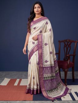Sareemall - Women Magenta Printed Cotton Silk Saree with Unstitched Blouse