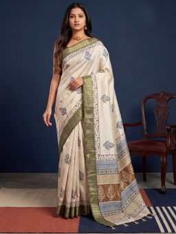 Sareemall - Women Olive Printed Cotton Silk Saree with Unstitched Blouse