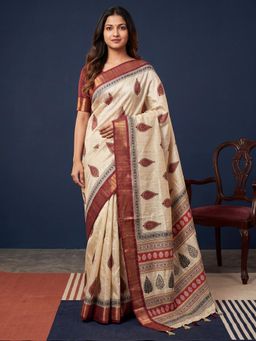 Sareemall - Women Maroon Printed Cotton Silk Saree with Unstitched Blouse