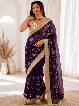 PMD FASHION - Women Wine Embellished/Sequined Silk Blend Saree with Unstitched Blouse