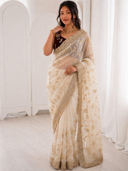 PMD FASHION - Women White Embellished/Sequined Silk Blend Saree with Unstitched Blouse