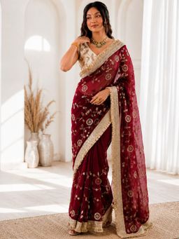 PMD FASHION - Maroon Embellished/Sequined Silk Blend Saree with Unstitched Blouse