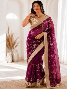 PMD FASHION - Purple Embellished/Sequined Silk Blend Saree with Unstitched Blouse