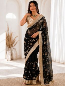 PMD FASHION - Women Black Embellished/Sequined Silk Blend Saree with Unstitched Blouse