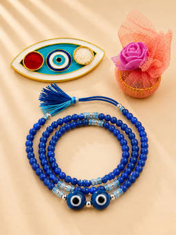 ADIVA - Double Evil Eye Beaded Thread Rakhi with Roli Chawal Evil Eye Plate Tokri Gift Set