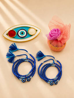ADIVA - Double Evil Eye Beaded Rakhi with Roli Chawaland Evil Eye Plate Tokri Gift Set