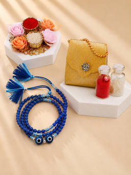 ADIVA - Double Evil Eye Beaded Thread Rakhi with Pooja Thali and Roli Chawal Bag Gift Set